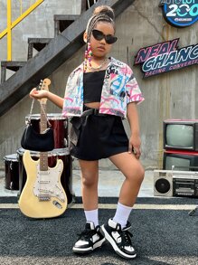 SHEIN 女孩塗鴉圖案落肩袖短款襯衫不附吊帶上衣 - 彩色 - 查看 3