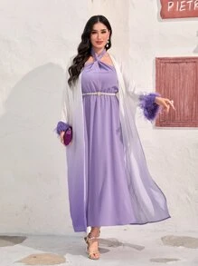 Modelyn Halter Neck Dress & Fuzzy Cuff Open Front Coat Without Belt - Multicolor - View 4