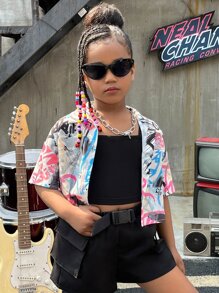 SHEIN 女孩塗鴉圖案落肩袖短款襯衫不附吊帶上衣 - 彩色 - 查看 5