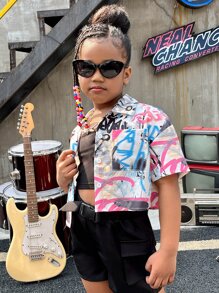 SHEIN 女孩塗鴉圖案落肩袖短款襯衫不附吊帶上衣 - 彩色 - 查看 6