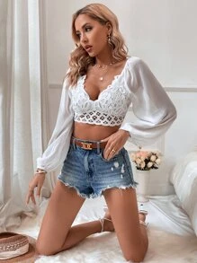 SHEIN VCAY Guipure Lace Insert Lantern Sleeve Crop Blouse - White - View 4