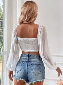 SHEIN VCAY Guipure Lace Insert Lantern Sleeve Crop Blouse - White - View 5
