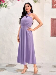 Modelyn Halter Neck Dress & Fuzzy Cuff Open Front Coat Without Belt - Multicolor - View 6