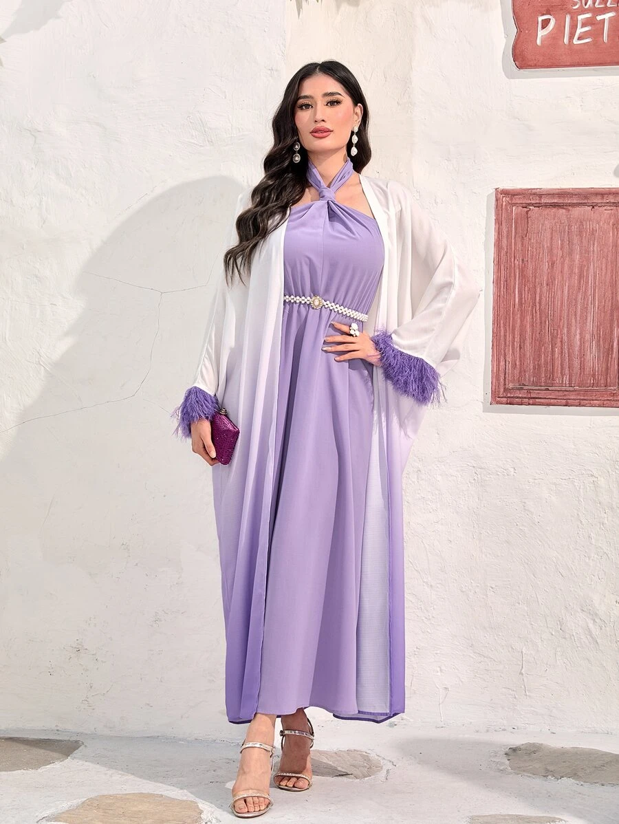 Modelyn Halter Neck Dress & Fuzzy Cuff Open Front Coat Without Belt - Multicolor - View 1