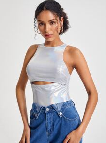 Amanda Daum Caballero Cut Out Front Metallic Bodysuit - Silver - View 5