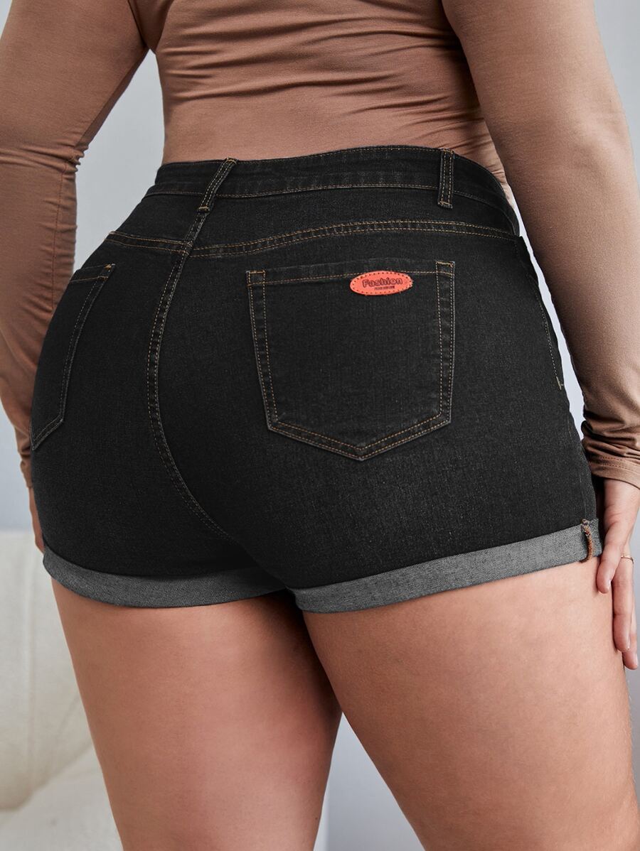 Calvaya Quần short denim oversized Dây kéo Đắp vá Túi màu trơn - màu đen - Xem 1