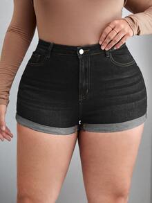 Calvaya Quần short denim oversized Dây kéo Đắp vá Túi màu trơn - màu đen - Xem 2