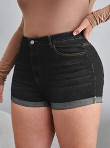 Calvaya Quần short denim oversized Dây kéo Đắp vá Túi màu trơn - màu đen - Xem 3