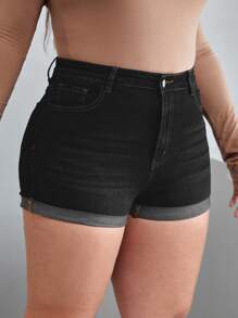 Calvaya Quần short denim oversized Dây kéo Đắp vá Túi màu trơn - màu đen - Xem 5