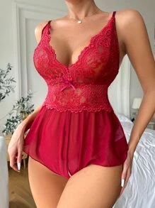 Classic Sexy Contrast Lace Mesh Crotchless Teddy Bodysuit - Burgundy - View 5