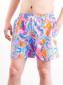 Manfinity Hombres Shorts de natación con estampado de mármol de cintura con cordón - Multicolor - Ver 1