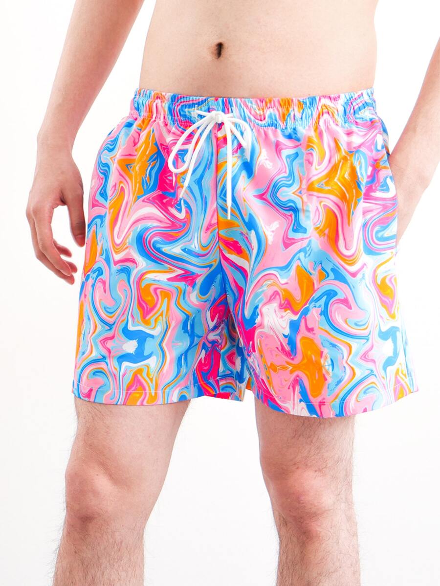 Manfinity Hombres Shorts de natación con estampado de mármol de cintura con cordón - Multicolor - Ver 1