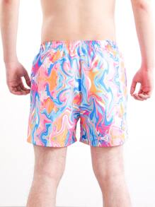 Manfinity Hombres Shorts de natación con estampado de mármol de cintura con cordón - Multicolor - Ver 2