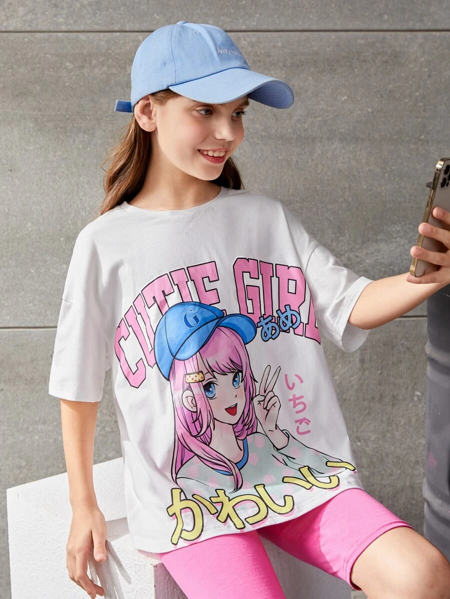 SHEIN 女孩人物和字母圖案落肩T恤 - 白色 - 查看 1