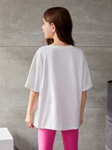 SHEIN 女孩人物和字母圖案落肩T恤 - 白色 - 查看 2