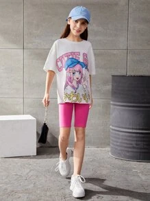 SHEIN 女孩人物和字母圖案落肩T恤 - 白色 - 查看 4