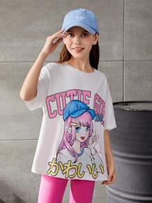 SHEIN 女孩人物和字母圖案落肩T恤 - 白色 - 查看 5