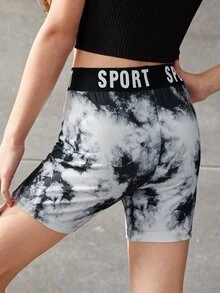 SHEIN 女孩紮染腰部字母條帶騎行褲 - 黑與白 - 查看 2