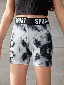 SHEIN 女孩紮染腰部字母條帶騎行褲 - 黑與白 - 查看 3