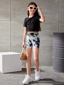 SHEIN 女孩紮染腰部字母條帶騎行褲 - 黑與白 - 查看 4