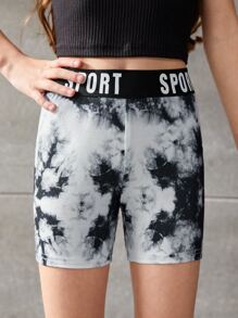 SHEIN 女孩紮染腰部字母條帶騎行褲 - 黑與白 - 查看 5