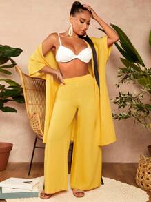 SHEIN SXY 素色開門襟外套和闊腿褲 - 黃色 - 查看 1