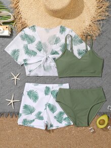 少女热带印花比基尼套装（含罩衫套装）夏日海滩 - 軍綠色 - 查看 5