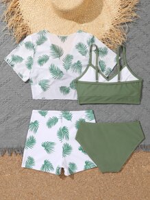 少女热带印花比基尼套装（含罩衫套装）夏日海滩 - 軍綠色 - 查看 2
