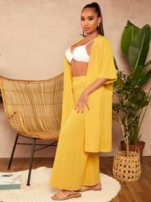SHEIN SXY 素色開門襟外套和闊腿褲 - 黃色 - 查看 6
