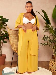 SHEIN SXY 素色開門襟外套和闊腿褲 - 黃色 - 查看 5
