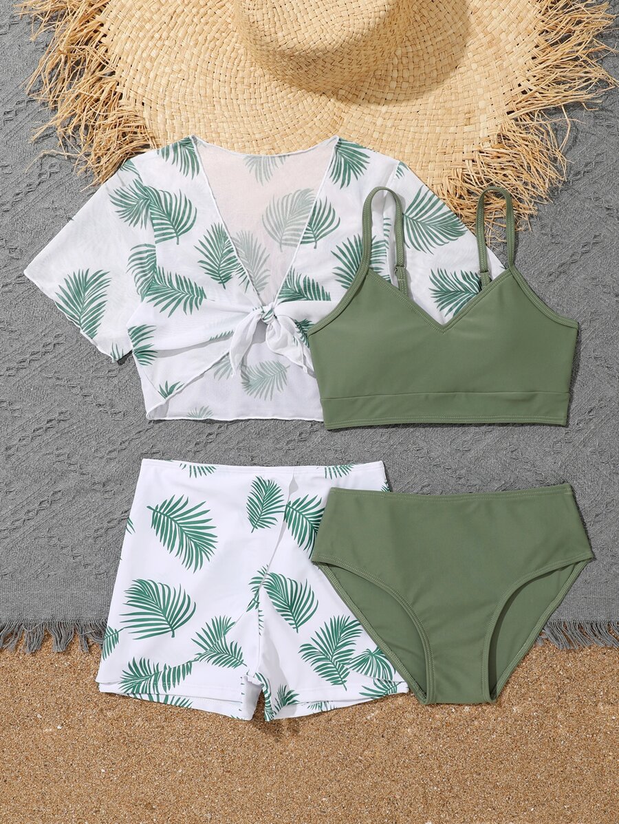 少女热带印花比基尼套装（含罩衫套装）夏日海滩 - 軍綠色 - 查看 1