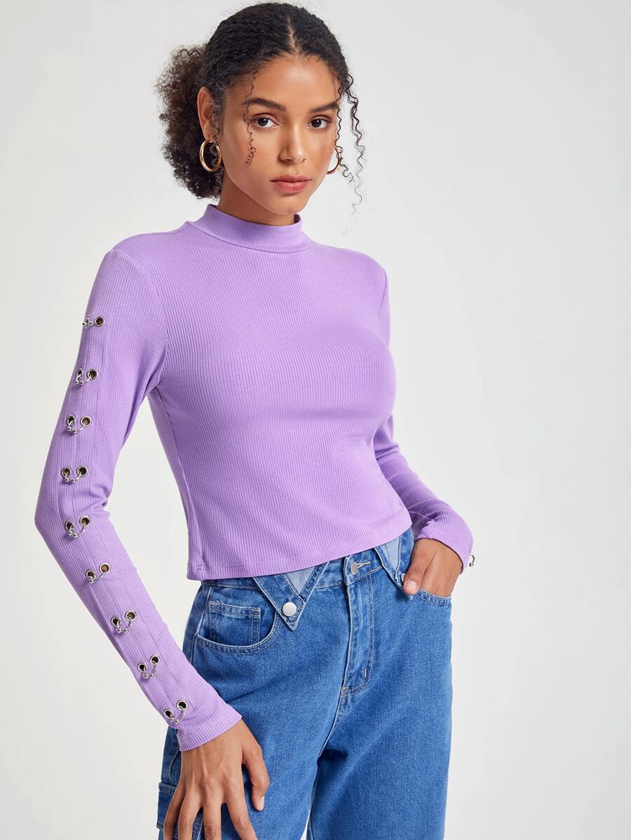 Mathilde Lhomme Mock Neck Grommet Eyelet Detail Tee - Lilac Purple - View 1