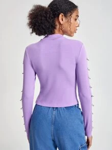 Mathilde Lhomme Mock Neck Grommet Eyelet Detail Tee - Lilac Purple - View 2