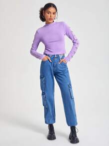 Mathilde Lhomme Mock Neck Grommet Eyelet Detail Tee - Lilac Purple - View 3