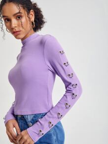 Mathilde Lhomme Mock Neck Grommet Eyelet Detail Tee - Lilac Purple - View 5
