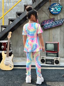 SHEIN Cô gái Tween Nhuộm buộc Đồ họa Hoạt hình Xoay eo Áo thun và Leggings - Nhiều màu - Xem 2