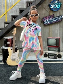 SHEIN Cô gái Tween Nhuộm buộc Đồ họa Hoạt hình Xoay eo Áo thun và Leggings - Nhiều màu - Xem 4