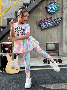 SHEIN Cô gái Tween Nhuộm buộc Đồ họa Hoạt hình Xoay eo Áo thun và Leggings - Nhiều màu - Xem 5