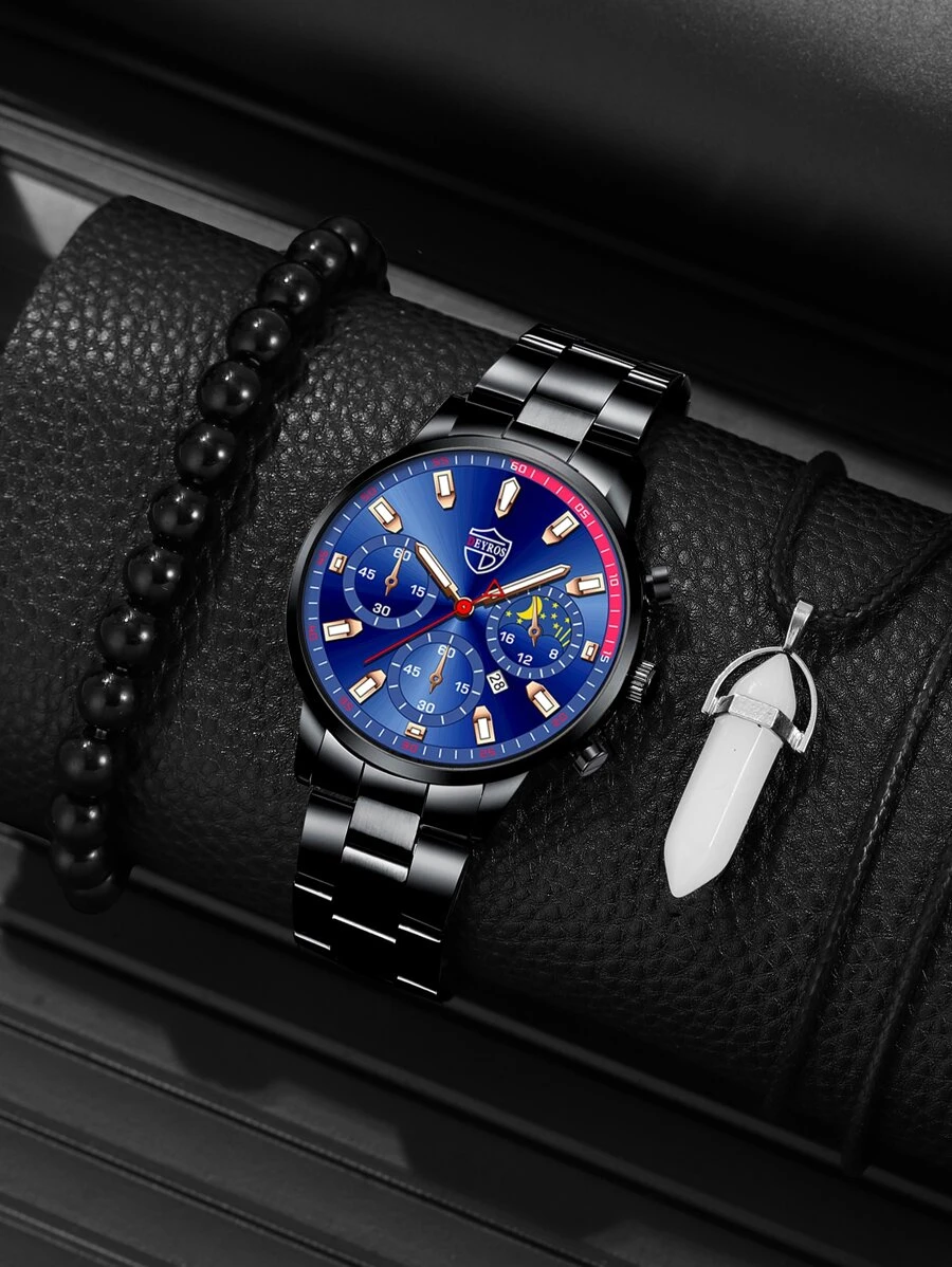 DEYROS 1pc Men Round Pointer Quartz Watch & 2pcs Jewelry Set - Black - View 1