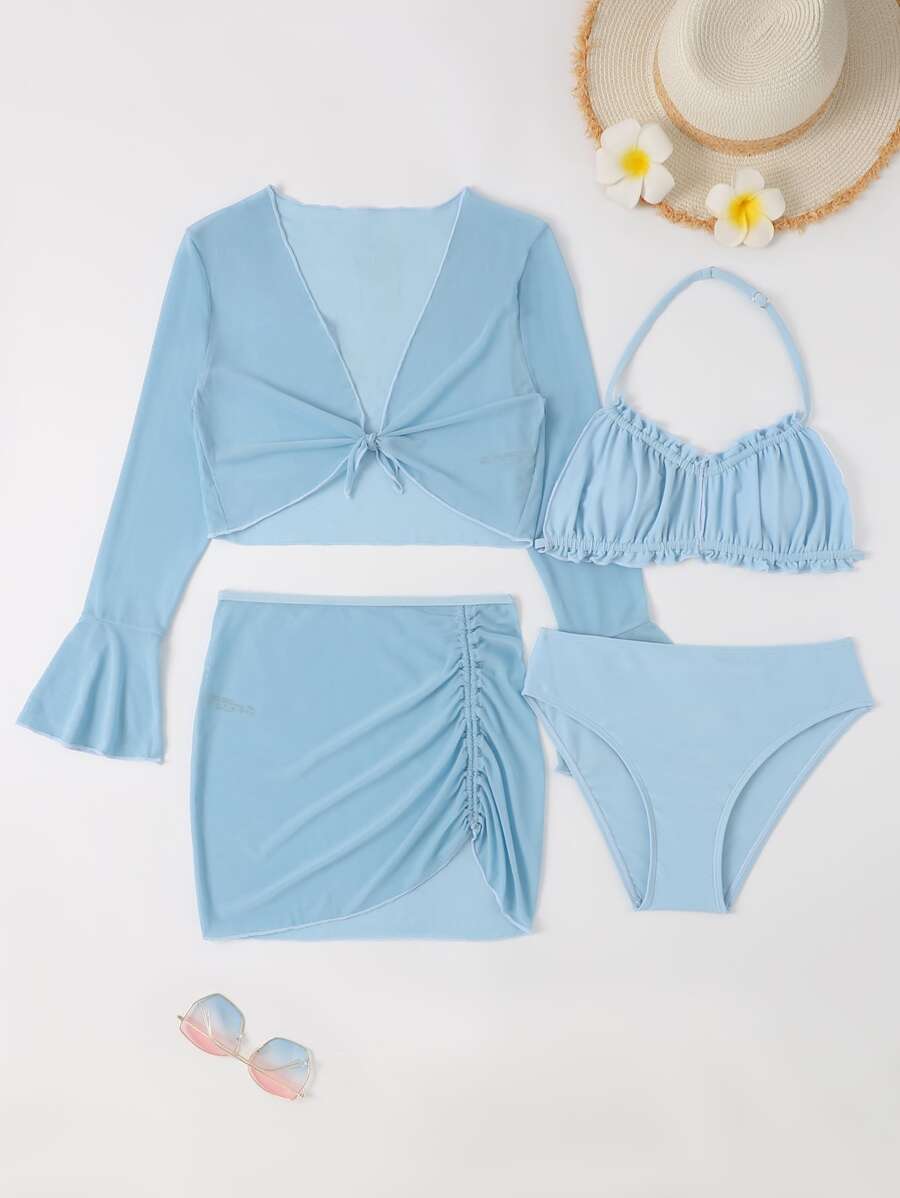 SHEIN 少女褶皱比基尼套装和罩衫上衣和裙子夏季海滩