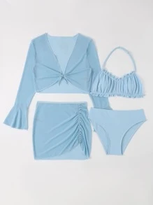 SHEIN 少女褶皱比基尼套装和罩衫上衣和裙子夏季海滩