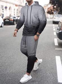 Manfinity LEGND 男士漸層袋鼠口袋抽繩連帽衫和運動褲 - 灰色 - 查看 1