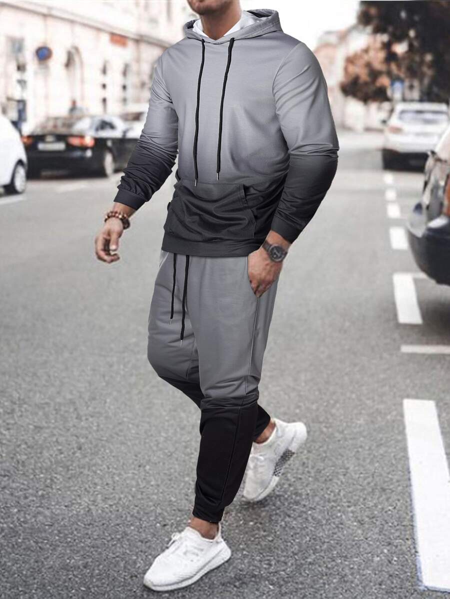 Manfinity LEGND 男士漸層袋鼠口袋抽繩連帽衫和運動褲 - 灰色 - 查看 1