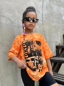 SHEIN Tween 女童休闲运动落肩扎染字母图案印花短袖 T 恤夏季 - 橘色 - 查看 1