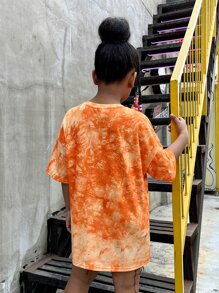SHEIN Tween 女童休闲运动落肩扎染字母图案印花短袖 T 恤夏季 - 橘色 - 查看 2