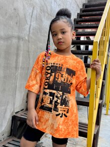 SHEIN Tween 女童休闲运动落肩扎染字母图案印花短袖 T 恤夏季 - 橘色 - 查看 3
