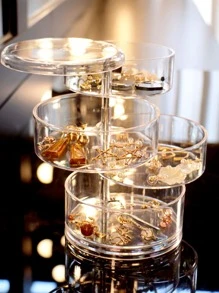 1pc Plastic Jewelry Storage Box, Clear Round Multi-layer Rotatable Earrings Storage Box For Bedroom - Clear - View 1