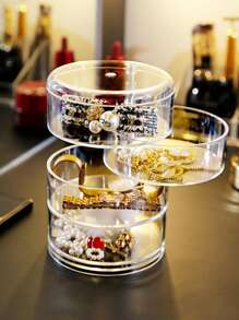 1pc Plastic Jewelry Storage Box, Clear Round Multi-layer Rotatable Earrings Storage Box For Bedroom - Clear - View 4