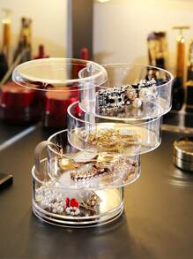 1pc Plastic Jewelry Storage Box, Clear Round Multi-layer Rotatable Earrings Storage Box For Bedroom - Clear - View 5