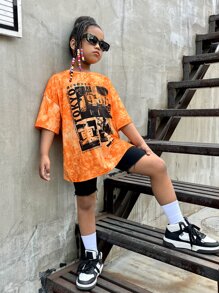 SHEIN Tween 女童休闲运动落肩扎染字母图案印花短袖 T 恤夏季 - 橘色 - 查看 4